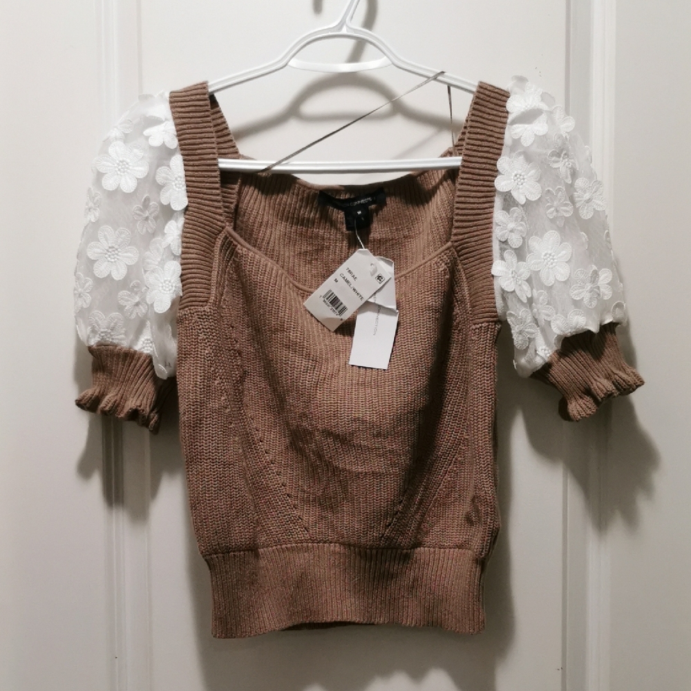 French‎ Connection Brown Knit Top. With flower lace sleeves .